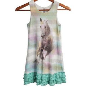 Ella & Lulu Kids Girls Glitter Stripes Horse Layered Lace Hem Tank Dress Size 10